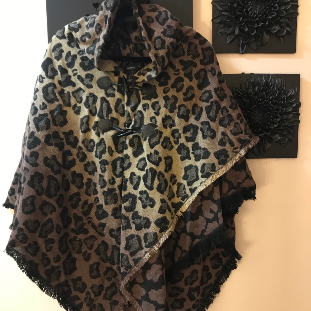 Leopard print sweater cape coat. Angled bottom